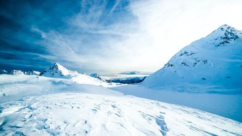A vista of snow-covered mountains.