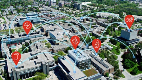 An aerial image of campus showing Wi-Fi nodes.