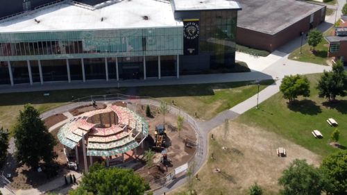 An aerial shot of campus showing the Indigenous Gathering Space and the PAC-SLC Expansion