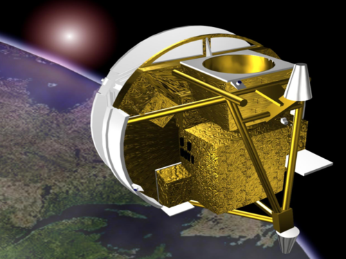An artist's conception of the SCISAT satellite orbiting Earth.