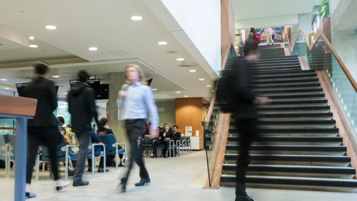 Students rush to their co-op interviews in the Tatham Centre.