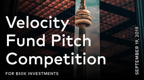 Poster for the Velocity pitch competition with a picture of the CN Tower in the background
