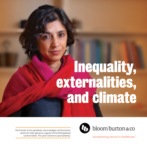 An image of Dr. Rohini Pande with the lecture title &quot;Inequality, externalities and climate.&quot;