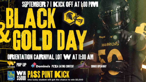 Black &amp; Gold Day Banner featuring a Waterloo football player.