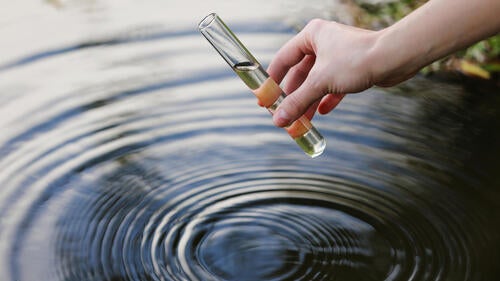 A person fills a test tube with water from a stream.
