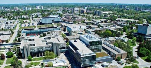 An aerial shot of the University of Waterloo main campus.