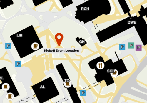 A campus map with the kick-off BBQ site highlighted in red.