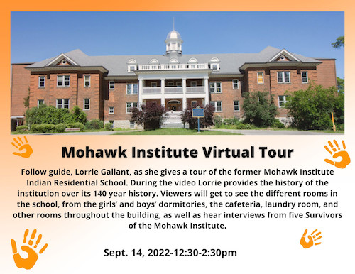 Mohawk Institute tour banner image featuring orange handprints.