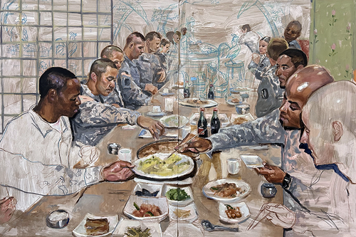 A painting showing men seated at a dinner table.