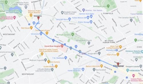 A map of Waterloo and Kitchener showing the march route.