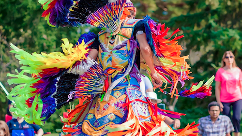An Indigenous dancer in colourful traditional regalia.