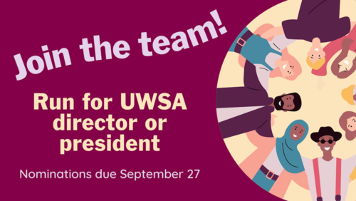 A UWSA election banner featuring an illustration of diverse people smiling.