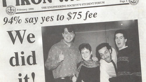 The front page of the February 1990 issue of the Iron Warrior, showing a headline that reads &quot;94% say yes to $75 fee.&quot;