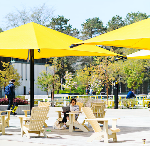 Students relax on the outdoor lounge space near the Davis Centre Library.