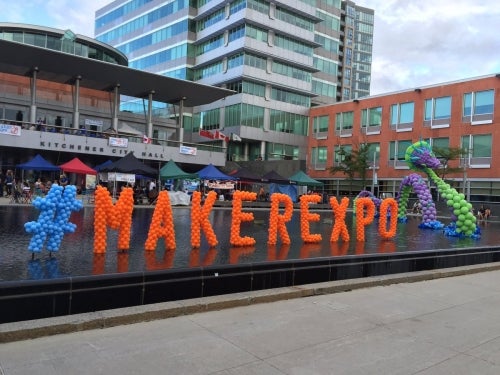The words &quot;Maker Expo&quot; spelled out with balloon sculptures at Kitchener City Hall.