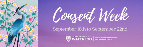 Consent Week banner featuring a great blue heron amid flowers.