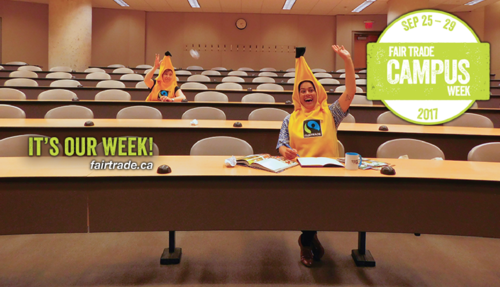 People in banana costumes sitting in a lecture hall.