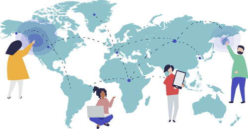 Illustration of people interacting with a map of the world.