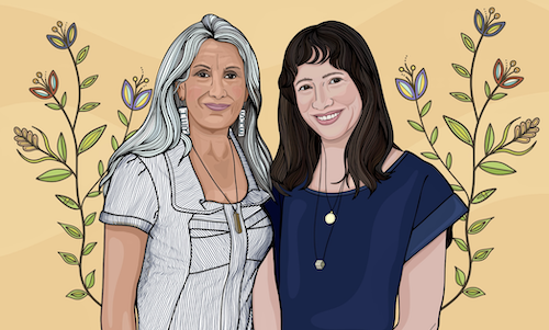 An illustration of Jani Lauzon and Kaitlyn Riordan done in an Indigenous style