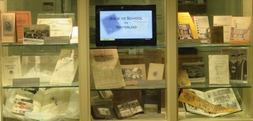 The Library's &quot;Back to School&quot; exhibit within a display case.