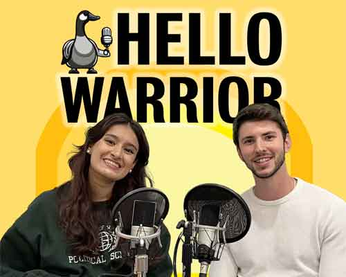 Hello Warrior podcast logo featuring a cartoon Canada Goose and the two podcast hosts.