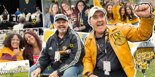 Two fans in Waterloo leather jackets amid a collage of Alumni Black and Gold Day images.