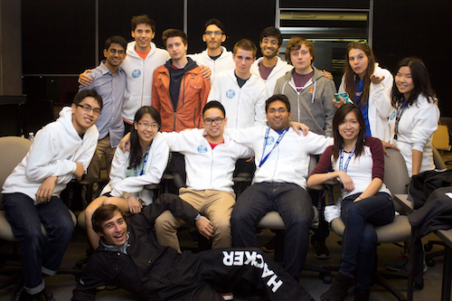 The 2013 Hack the North team with Kartik Talwar (back row, left); Liam Horne (back row, third from right) and Kevin Lau (front row, middle). 