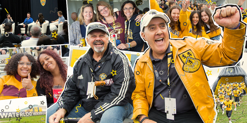 Two men in University of Waterloo branded jackets cheer at a sporting event surrounded by a montage of Waterloo images.