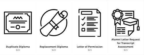 An infographic illustrating new e-commerce options including duplicate and replacement diplomas, letters of permission, and transcript requests.