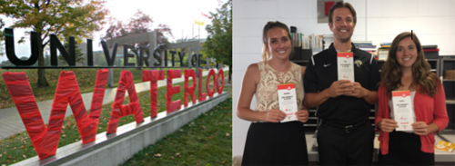 The University of Waterloo sign wrapped in red; several United Way volunteers with postcards.