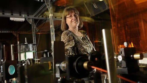 Professor Donna Strickland in her laboratory.