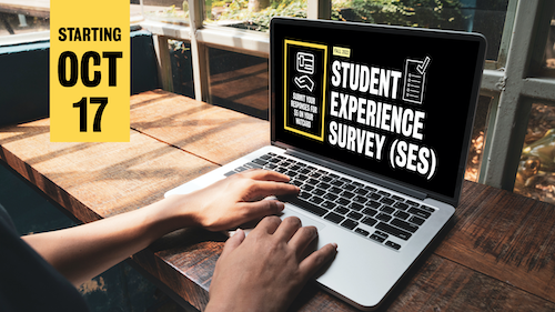 A person types on a laptop, and its screen says Student Experience Survey