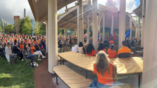 Sunlight streams through the roof of the Indigenous gathering space during the TRC Day ceremony.