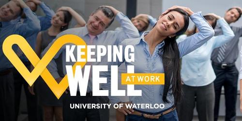 A group of people do yoga with the Keeping Well at Work logo superimposed over it.