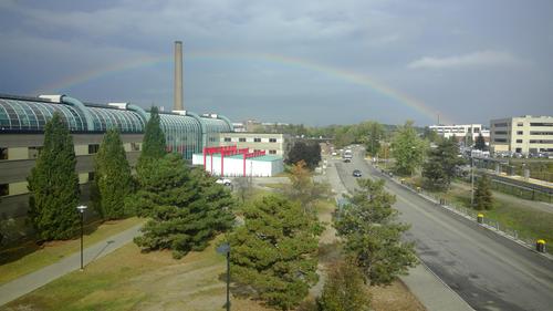 A rainbow across the sky over the University's East Campus.