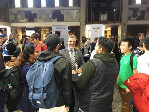 Feridun Hamdullahpur speaks with students in the SLC Great Hall.