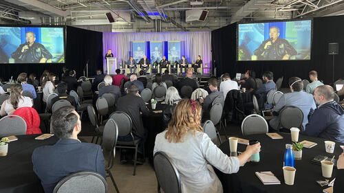 Chris Hadfield on stage at the inaugural Sustainable Aeronautics Summit
