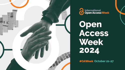 Open Access Week banner featuring an unlocked padlock and two people shaking hands.