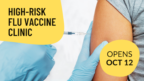 High Risk Flu Clinic banner showing a needle going into an arm.