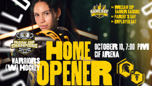 Women's Hockey Home Opener banner featuring a hockey player.