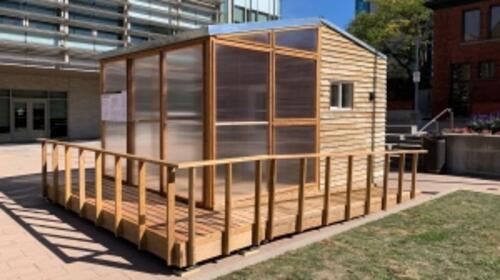 The tiny home prototype staged at City Hall in Cambridge