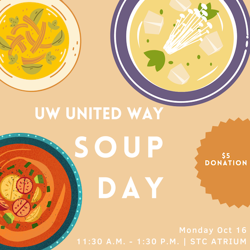 United Way Soup Day banner featuring cartoon bowls of soup.