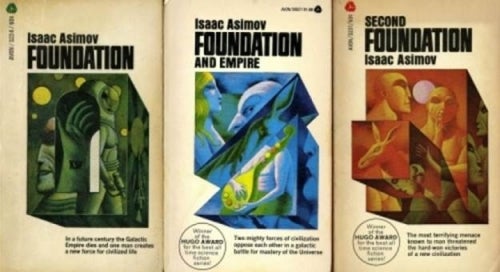A collage of Isaac Asimov paperback novels.
