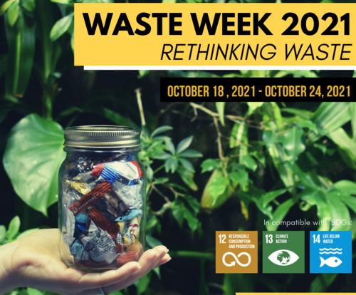 Waste Week 2021 banner showing a hand holding up a Mason jar full of waste items.