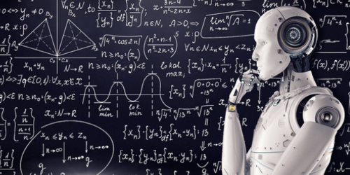 An android ponders a chalkboard full of equations.