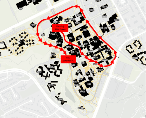 The route of the Thrive Walk on the main campus.