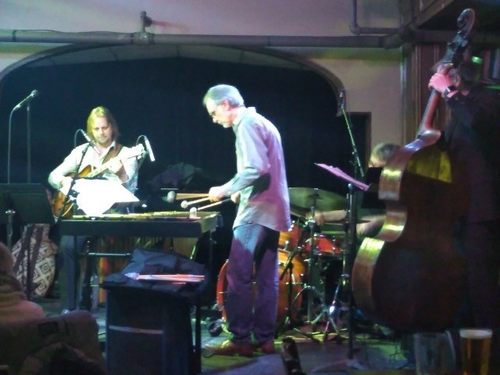 A guitarist, xylophonist, upright bassist and drummer perform on stage.