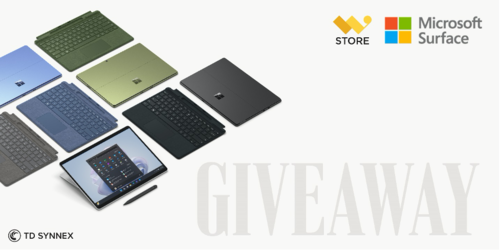 Giveaway banner showing a Microsoft Pro Surface 9 tablet.