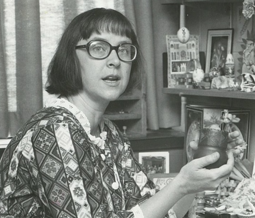 Nancy-Lou Patterson holds a piece of pottery in 1974.