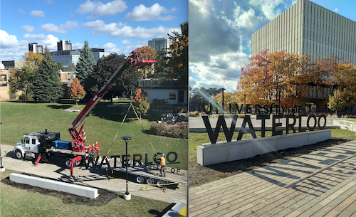 A flatbed truck with a crane maneuvers the Waterloo sign into its new position outside the Dana Porter Library.